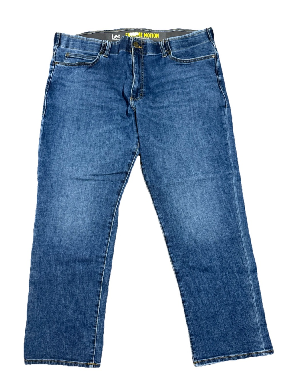 Lee Extreme Motion Straight Fit Tapered Leg Denim Jeans 42 X 30 Whiskered Blue